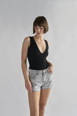 Black-Textured V Neck Ribbed Bodysuit