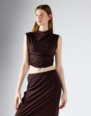 Brown Ruched Mock-Neck Sleeveless Crop Top