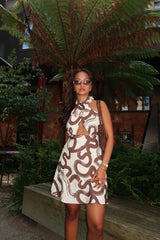 Natural-Brown-Swirl Cross-Halter-Neck Mini-Dress