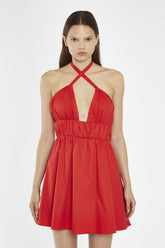 Poppy-Red Cross Over Halterneck Mini-Dress
