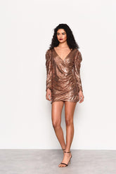 Bronze-Sequin Fixed Wrap Mini-Dress