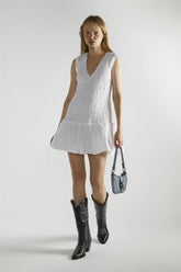 White Shirred V-Neck Mini-Dress