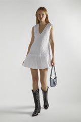 White Shirred V-Neck Mini-Dress