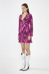 Pink Multi-Blurred Wave Flared Sleeve Mini-Dress