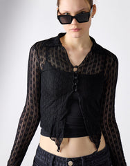 Long Sleeve Collar Top - Black Lace