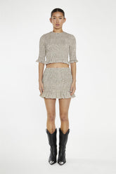 Beige-Black Check Shirred Mini-Skirt