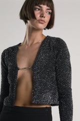 Black-Silver-Tinsel Long-Sleeve Crop-Top