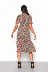 Bold-Multi-Floral V-Neck Midi-Dress