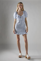 Blue Ditsy Shirred Bodycon Mini-Dress