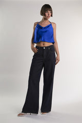 Royal-Blue-Sateen Halter Crop-Top