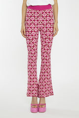 Pink Red Flower Check Flare High-Waist-Trousers