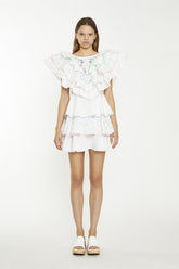 White/Blue/Pink Ditsy-Mix Tiered-Frill Mini-Dress