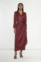 Red-Black Animal Wrap Midi-Dress