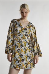 Mustard-Floral Wrap Mini-Dress