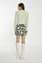 Soft-Lime Black-Floral Notch-Split Mini-Skirt