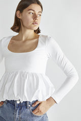 White Square-Neck Puff-Peplum Top