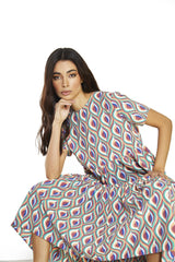 Multi-Geo-Swirl Round-Neck-Loose Midi-Dress