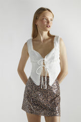 White Textured Shirred Tie-Front Crop-Top