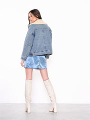 Blue Acid Wash Faux Fur Collar Denim Jacket