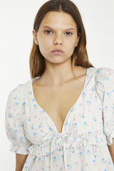 White/Blue/Pink Ditsy V-Neck Crop-Top