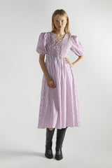 White-Purple-Stripe Tie-Front Midi-Dresses