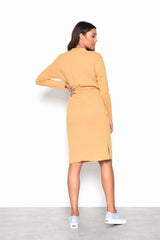 Camel Ribbed Tie Front Midi-Dress