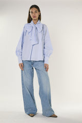 Blue Micro Check Raglan Volume Sleeve Blouse
