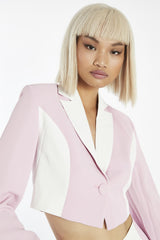 Pink-White-Colour-Block Button-Front Crop-Blazer