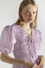 White-Purple-Stripe Tie-Front Midi-Dresses