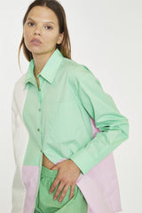 White Green Pink Colour Block Long-Sleeve-Top