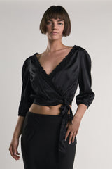 Black Satin-Crossover-Tie Crop-Top