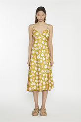 Olive Multi-Flower Spaghetti-Strap Midi-Dress
