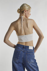 Off White Tie Neck Halter Crop-Top