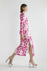 Pink Brushstroke Flowers Round Neck Maxi-Dress