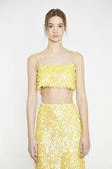 Yellow-Square-Sequin Spaghetti-Strap Crop-Top