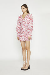 Pink Red Vintage Floral V-Neck Mini-Dress