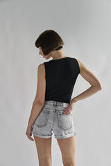 Black-Textured V Neck Ribbed Bodysuit