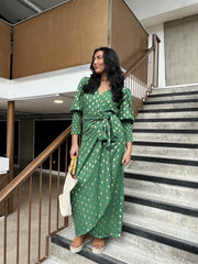 Green Mini Dot Long Sleeve Wrap Dress