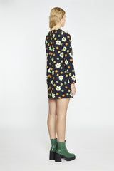 Black-Green-Flower Long-Sleeve Mini-dress