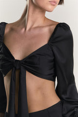Black Tie Front Cropped Blouse Tops