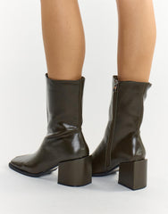 Olive Square Toe Block Heel Ankle Boots
