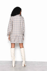 Light Blue Multi Check Tiered Mini Dress with Neck Ruffle