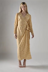 Beige-Mustard-Ditsy Wrap Midi-Dress