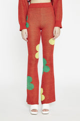 Red-Multi-Glitter Floral-Knit Flared-Leggings