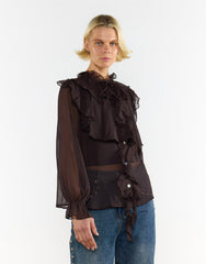 Button Front Ruffle Blouse - Deep Brown