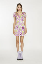 Purple-Swirl-Floral V-Neck-Button-Up Mini-dress