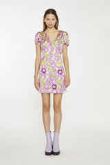 Purple-Swirl-Floral V-Neck-Button-Up Mini-dress