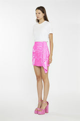 Neon-Pink-Sequin Asymmetric-Drape Mini-Skirt