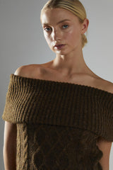 Dark-Brown Bardot-Cable-Knit Jumper