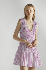 White Purple Stripe Shirred V-Neck Mini-Dress